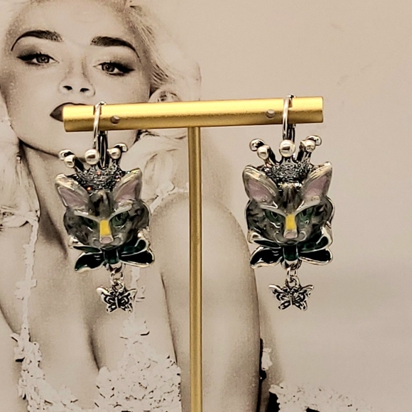 Vintage Estate Collectible Signed Kirks Folly Princess Kitty Silver Earrings - Picture 4 of 11